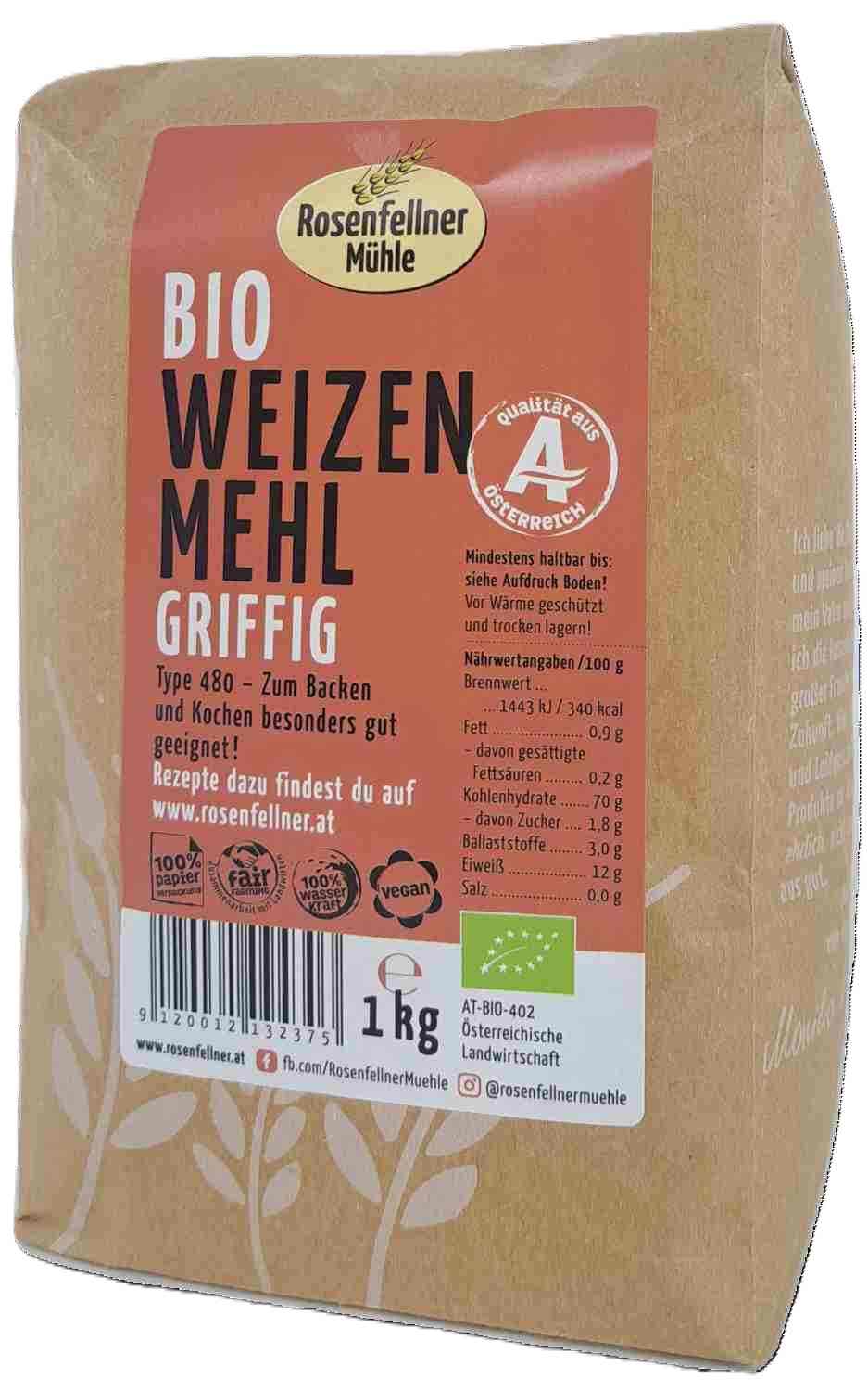 Weizenmehl T480 griffig Bio 1kg, ideal zum Kochen