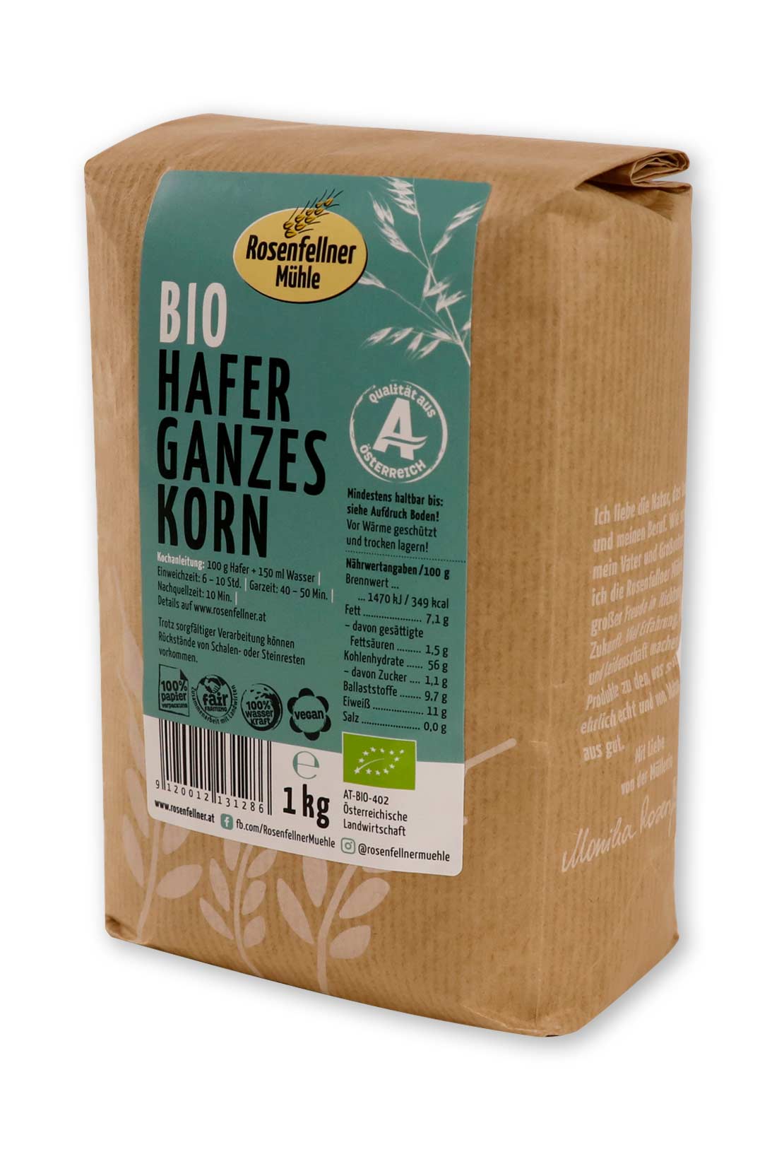 Hafer ganzes Korn geschält Bio 1kg, Getreide aus Österreich