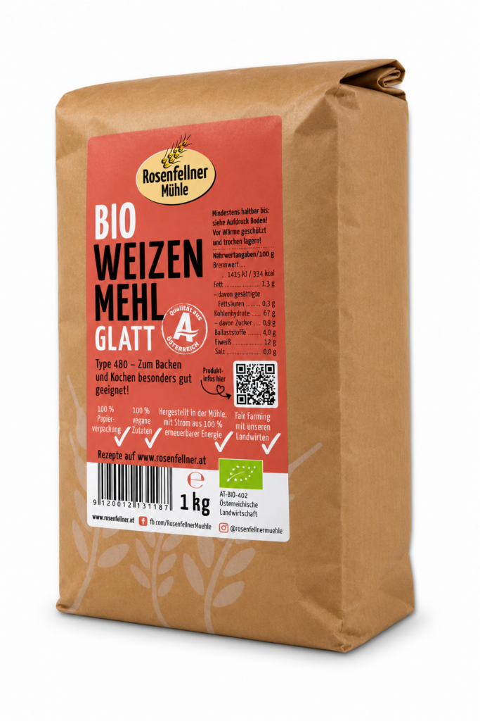 Weizenmehl T480 glatt Bio 1kg, ideal zum Backen und Kochen