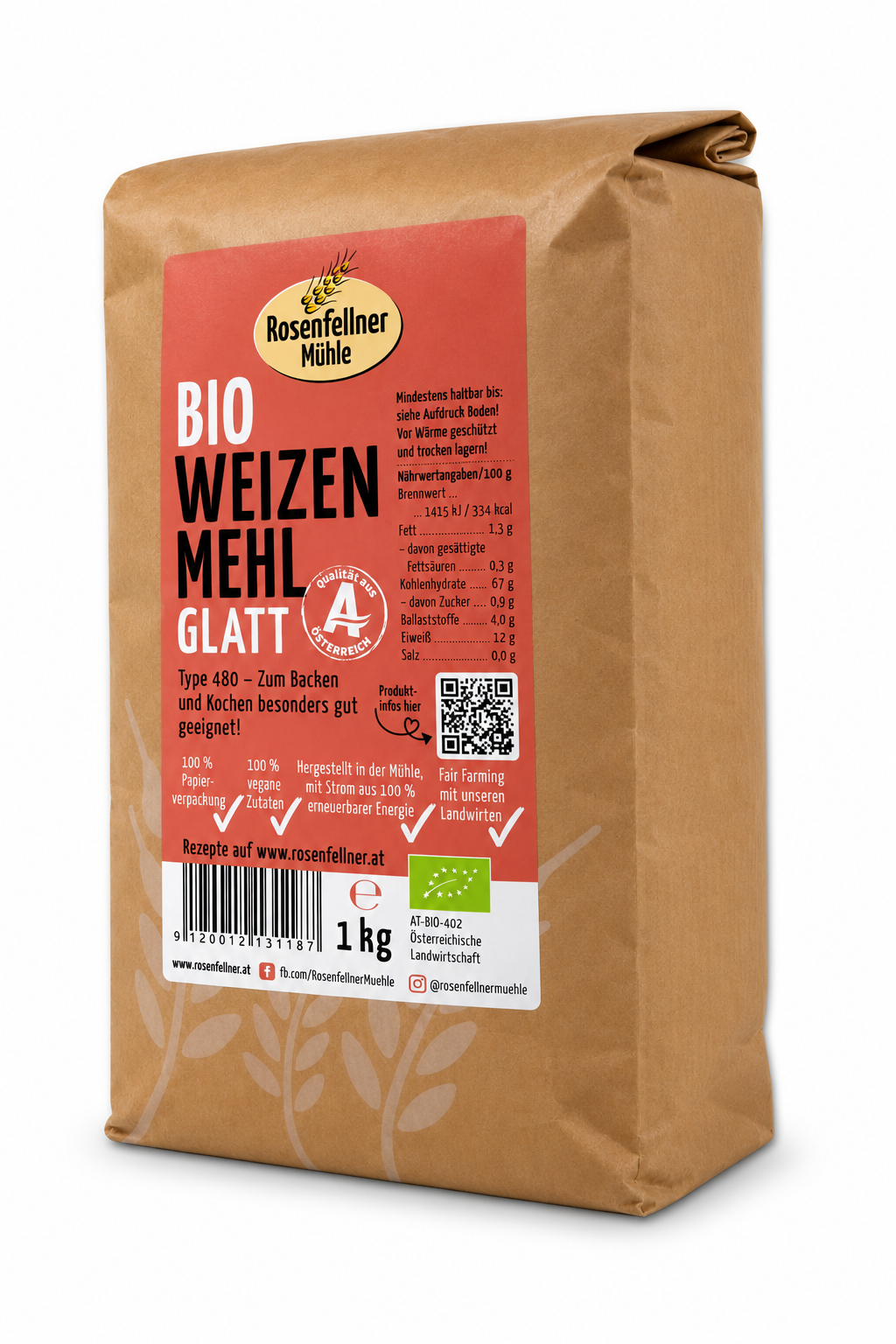 Weizenmehl T480 glatt Bio 1kg, ideal zum Backen und Kochen